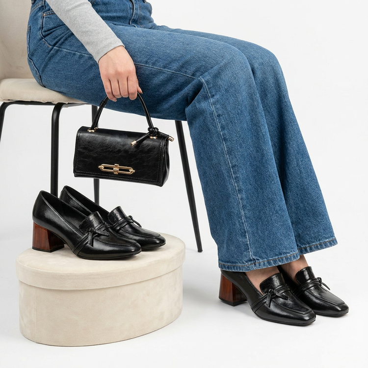 ست کیف و کفش زنانه چرم چروک کیف الفا کالج پاشنه چوبی عکس 3